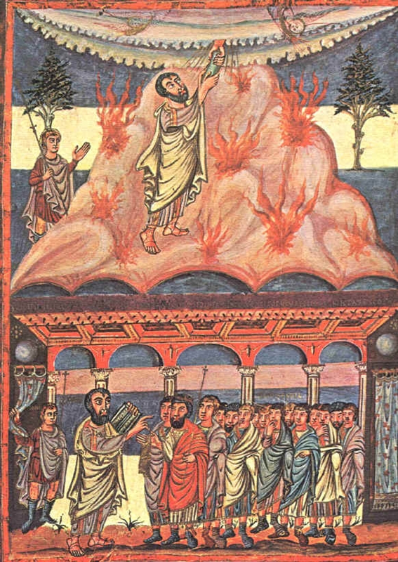 ביבליית מוטייה-גרנוול (Add. 10546, f.25v): משה מקבל את לוחות הברית