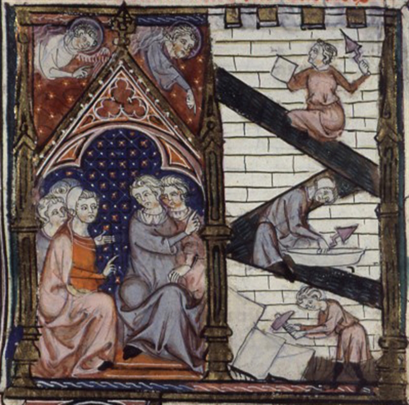 המקרא ההיסטורי לגיאר דה מולן (Français 156, f.17): בניית מגדל בבל