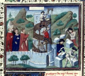 דברי ימי העולם ("הבוקהשרדיאר") לג'הן דה קורסי (Français 63, f. 2v): בניית מגדל בבל