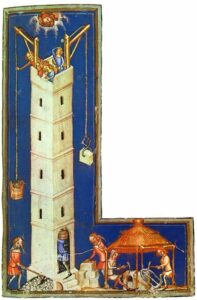 תולדות העולם בשירה (Cgm. 5, f. 29r): מגדל בבל