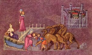 ספר בראשית הווינאי (cod. theol. gr.31): רבקה משקה את אליעזר וגמליו