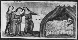 קוסמוגנסיס מאת גיורגיוס כומנוס (ms. 1187, f. 44): שרה מובלת למיטת מלך כנען