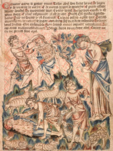 הביבליה המאויירת של הולקהאם (Add. 47682, f. 5v): רצח הבל וקבורתו, ענישת קין